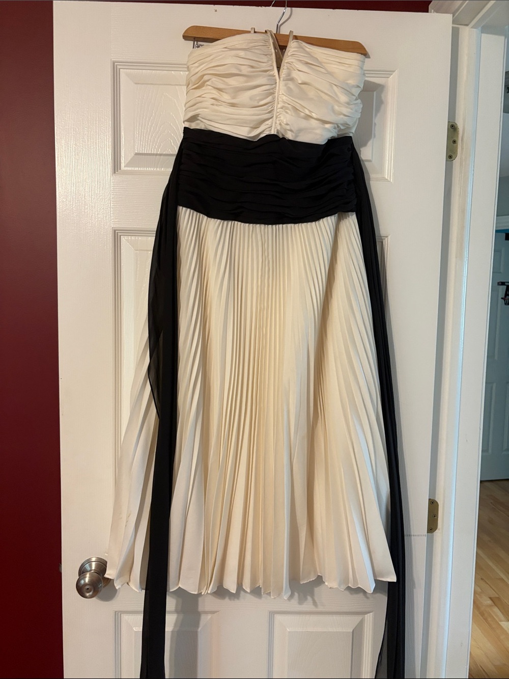 Ivory and Black Spaghetti Strap Pleated Midi Skirt